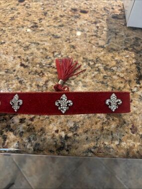 Red Leather  Rhinestone Fleur Dog Collar with Tassel